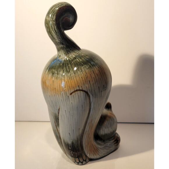 Cat Figurine Tonala Mexican Pottery Grayish Green Signed Whimsical Home Decor - Picture 5 of 12